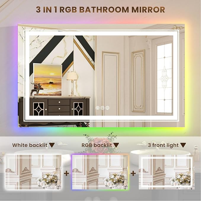 WTTY LED Bathroom Mirror 48"x36" with RGB Backlit and Front Light,Stepless Dimmable LED Mirror for Bathroom,Colored Lighted Bathroom Vanity Mirror,Anti-Fog,Memory Function,Shatter-Proof