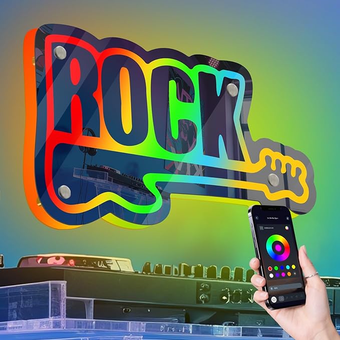 ROCK Neon Sign with Guitar Design Color Changing Mirror LED Wall Light App Control DIY Color Live Music Neon Light Music Party Bar Pub Decor LED Guitar Gift for Kpop Fans Guitar Players