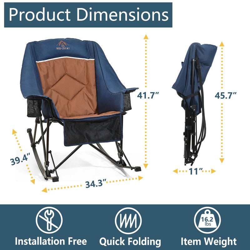 RED CREAT 400lbs Rocking Camping Chair, Oversized Heavy Duty XL Folding Rocker for Adults, Padded High Back Big & Tall Support, with Cup Holders & Carry Bag for RV, Lawn, Patio & Sports