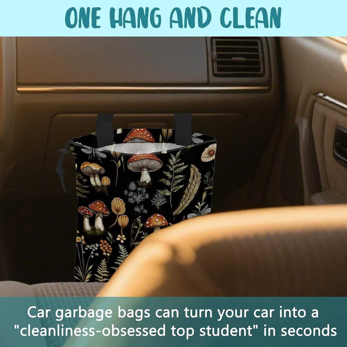 Mushroom Fern Leaves Car Garbage Bag Botanical Drawstring Car Trash Bag Hanging for Back Seat with Adjustable Buckle Canvas Vehicle Trash Can Easy-to-Install