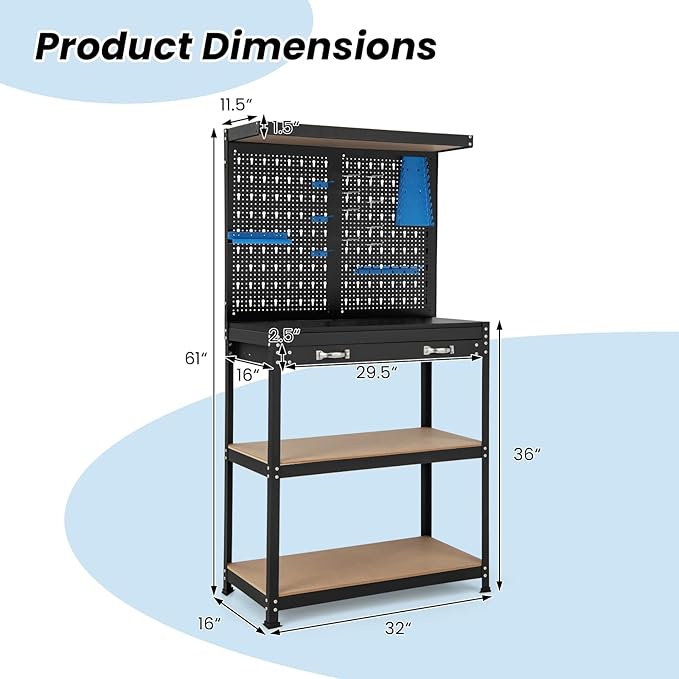 Goplus Workbench, Work Table with Drawer, Pegboard, Hanging Accessories, Topping Space, 4-Tier Heavy Duty Metal Tool Storage Bench, Work Benches for Garage, Workshop (Blue, 32" x 16" with Drawer)