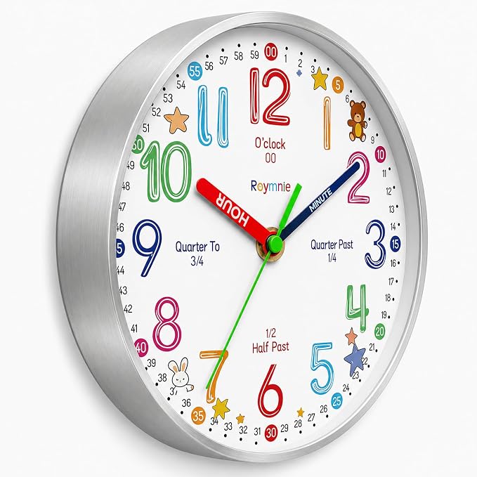 Roymnie Wall Clock Learning to Tell Time Easily Non Ticking Battery Operated