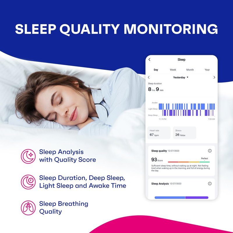 OCTANDRA Active 2 VeryFit Fitness Tracker Heart Rate SpO2 Blood Oxygen Saturation Sleep Monitor 1.05" Screen Activity Step Counter Pedometer IP68 Waterproof Smart Watches for Men Women (ID155) (Black)