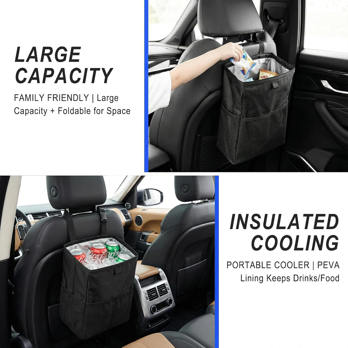 Waterproof Car Trash Bag with 50 Garbage Bag, 3.5 Gallon Hanging Leak-Proof Car Garbage Can for Back Seat with Storage Pockets, Foldable Hanging Trash Bin for Camping & Road Trips (Black)