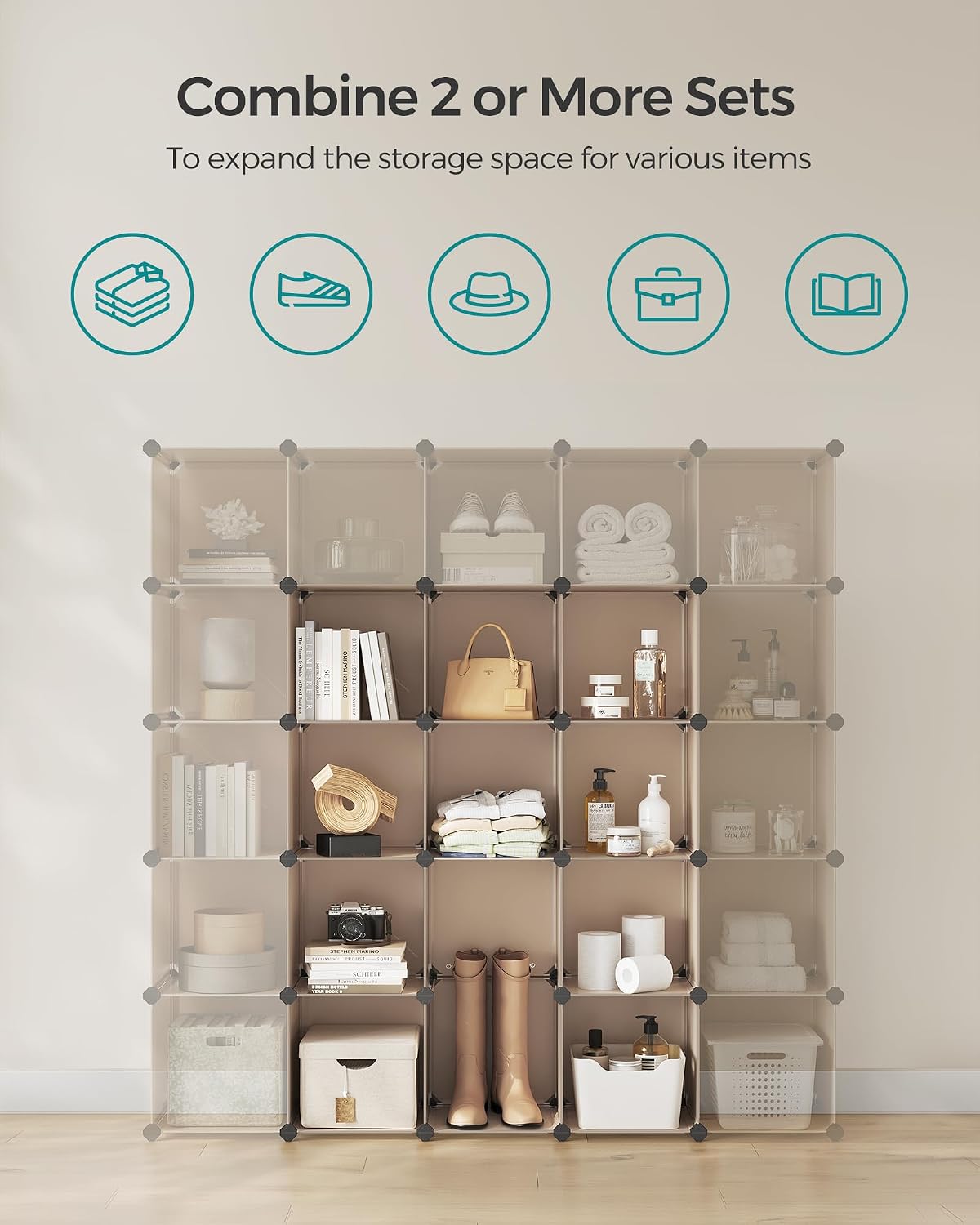SONGMICS Cube Storage Organizer, Set of 16 Plastic Cubes, Book Shelf, Closet Organizers and Storage, Room Organization, Bedroom Living Room, 12.2 x 48.4 x 48.4 Inches, Camel Brown ULPC442K01