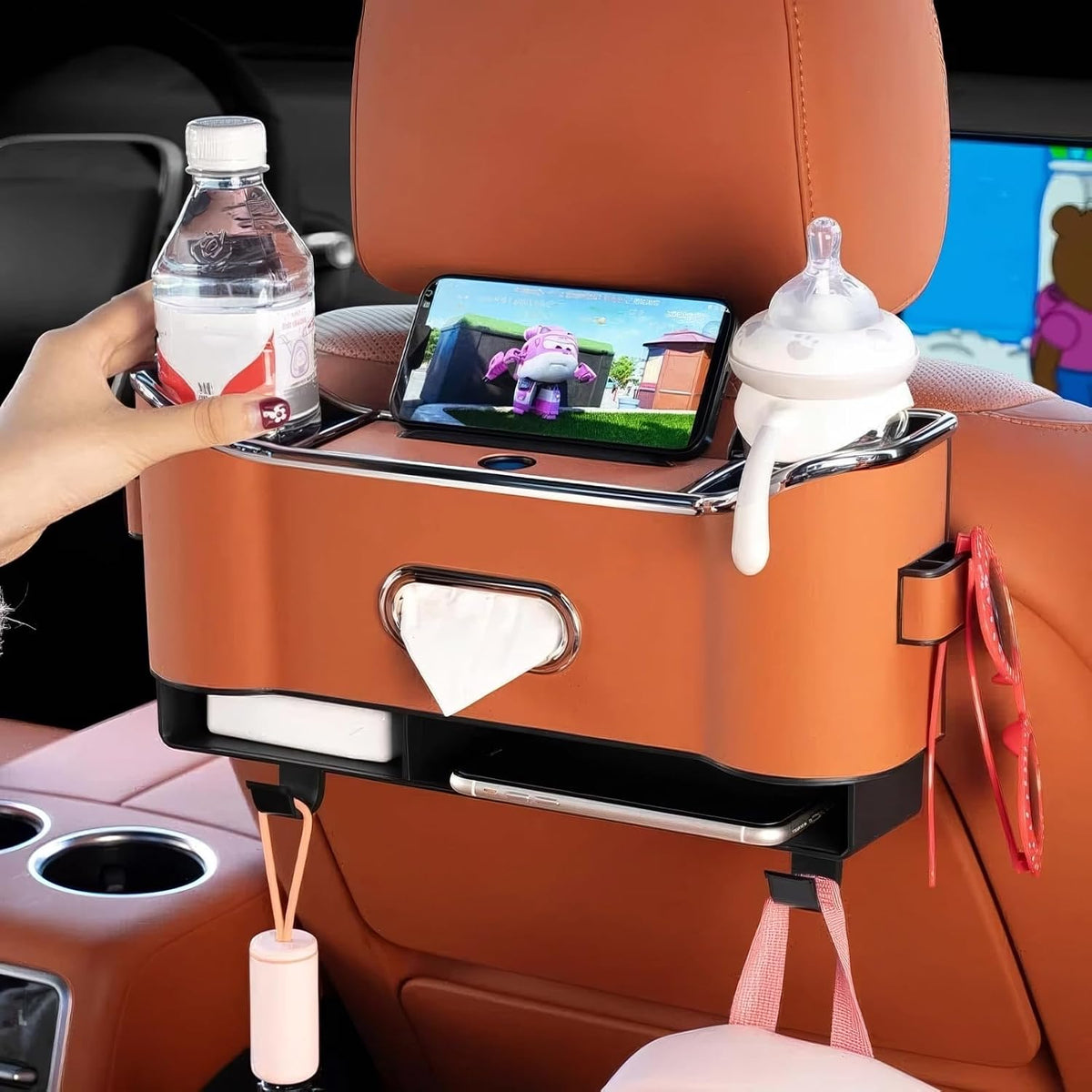 Multifunctional Car Backseat Organizer with Cup Holder, Tissue Box, Trash Bin & Hooks, 3-in-1 Back Seat Car Organizer for Hold Phones, Snacks, Drinks, and Handbags (Original Model - Red)