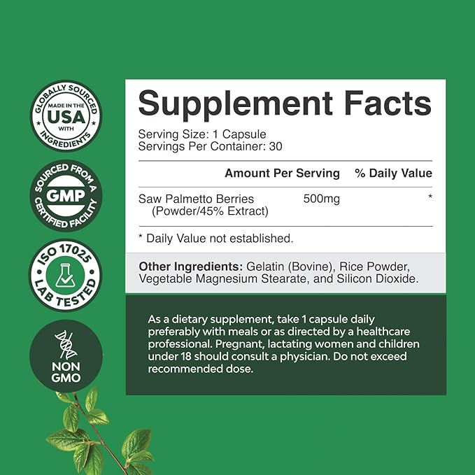 Extra Strength Saw Palmetto Extract - Advanced Herbal Complex for Hair Health and Urinary Support with Plant Sterols & Flavonoids - Potent Herbal Supplement with 500mg per Serving - 30 Capsules