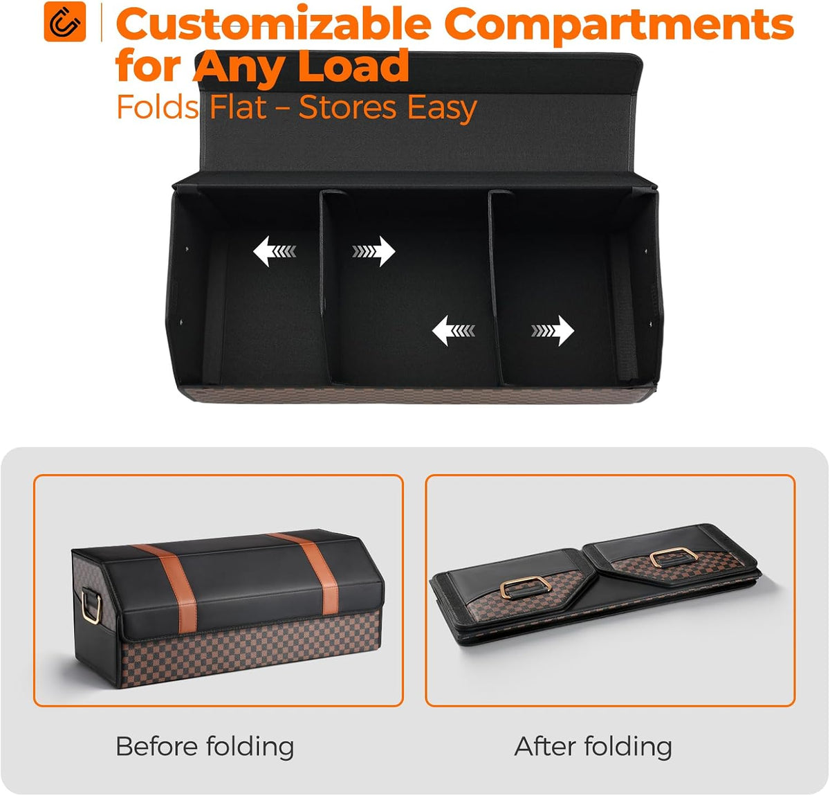 Fyzeoty Car Trunk Organizer for SUV and Sedan, Orange‑Stripe Plaid, 29.5 in
