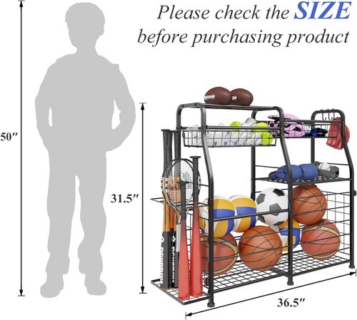 Garage Sports Equipment Organizer - Mobile Ball Storage Rack with Elastic Rope | Indoor/Outdoor Gear Storage, Black
