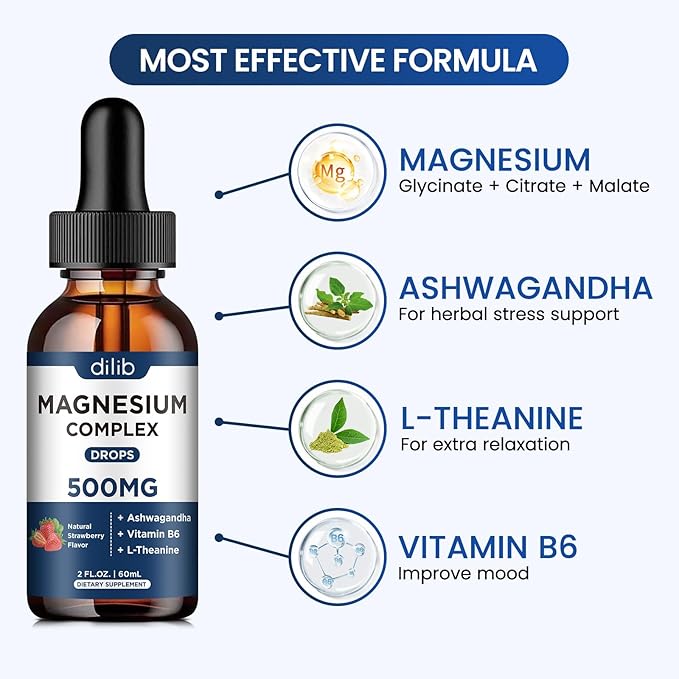 Triple Magnesium Complex Supplement-Magnesium Glycinate, Citrate, Malate Liquid Drops 500mg with Ashwagandha, L-Theanine, Vitamin B6 for Stress Relief, Sleep, Muscle Support-Strawberry Flavor