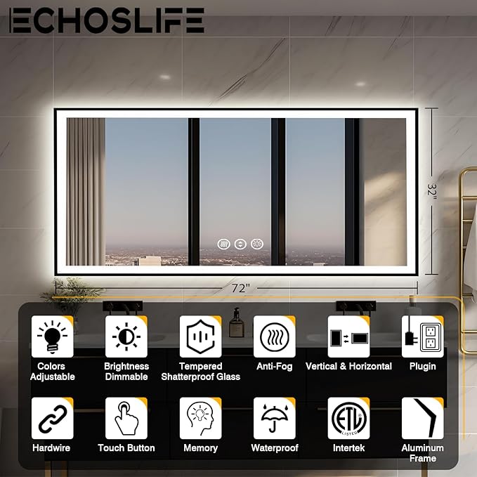 72x32 LED Bathroom Vanity Mirror - Black Aluminum Framed (Front and Backlit), Anti-Fog Large Mirror with Lights,Stepless 3 Colors Dimmable Lighted Mirror(Horizontal/Vertical)