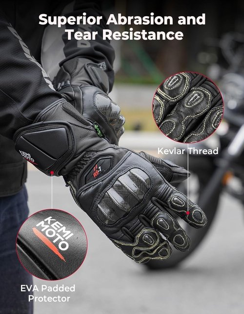 KEMIMOTO Leather Motorcycle Gloves - ESA Cushioning & Kevlar Carbon Fiber Knuckle Protection | Unisex Riding Gear