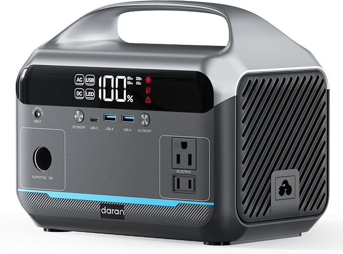 DaranEner Portable Power Station 600W, 288Wh LiFePO4 Battery Backup Power w/2×600W AC Outlets (1200W Surge), 2.2H Fast Charging, Solar Generator for Outdoor Camping/RVs/Home Emergency (Solar Optional)
