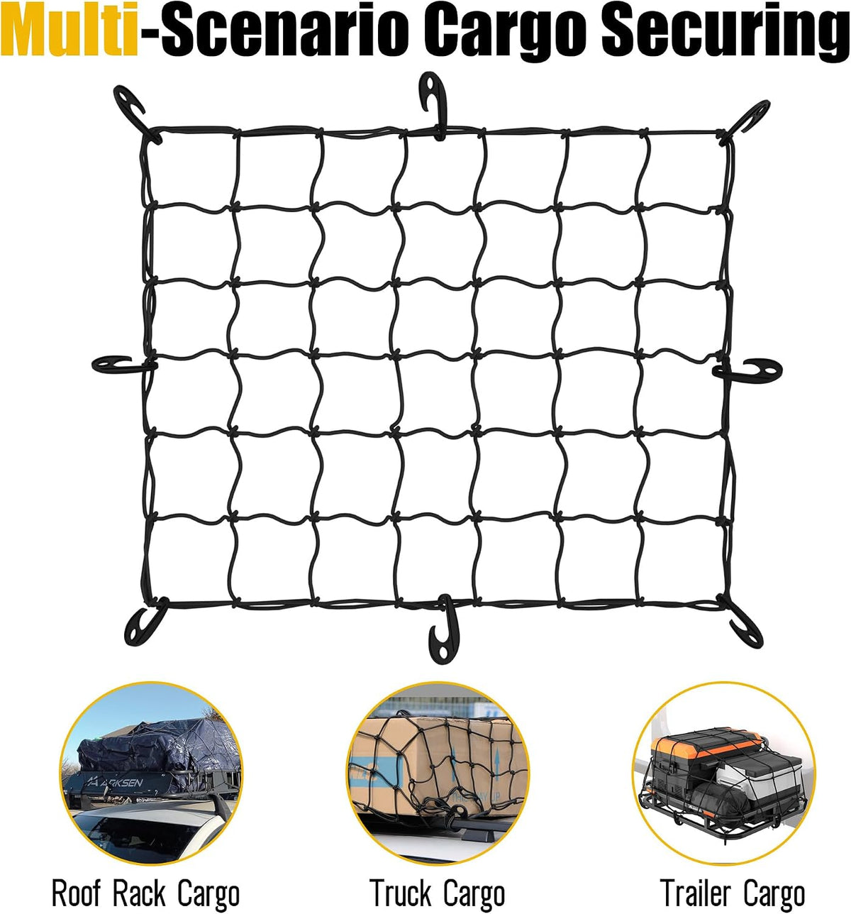 ARKSEN 31.5" x 26" Tangle-Free Nylon Cargo Net(4.7" x 4.7" Mesh), Universal Bungee Net for Pickup, Trucks, SUV, Roof Racks, and Travel Luggage Racks