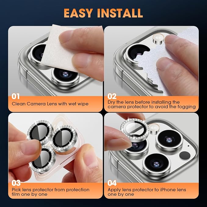 for iPhone 16 Pro/16 Pro Max Camera Lens Protector Bling Individual Metal