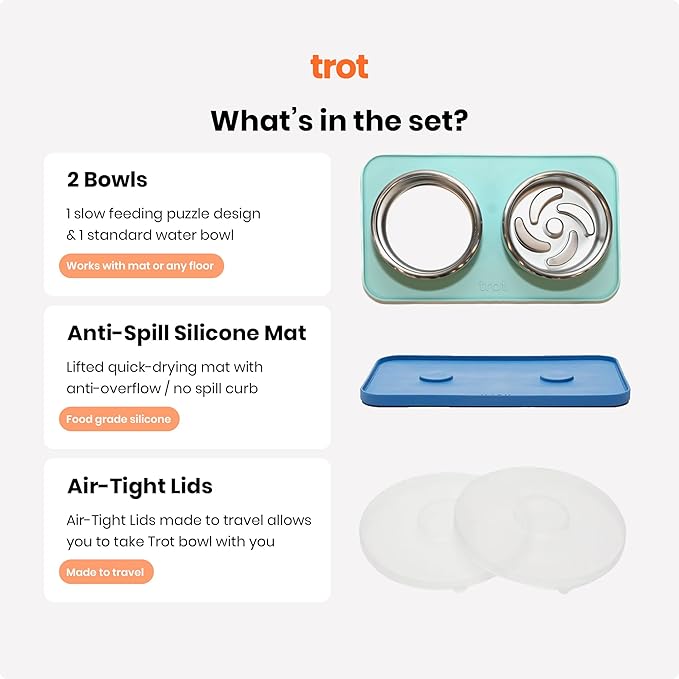 Trot Pets Premium Dog Bowls | Stainless Steel Bowl Set for Small, Medium, or Large Dogs | Non-Slip Food and & Water Slow Feeder | Durable, BPA-Free, Anti-Skid, Dishwasher Safe (Cobalt, Small)