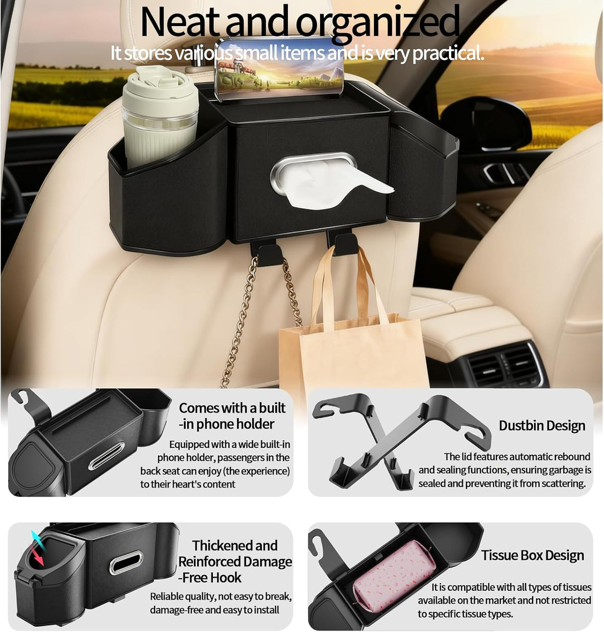 7-In-1 Multifunctional Car Seat Back Organizer with Cup Holders, Tissue Box, Garbage Can & Hooks, Headrest Storage & Cup Holder for Backseat (Black)