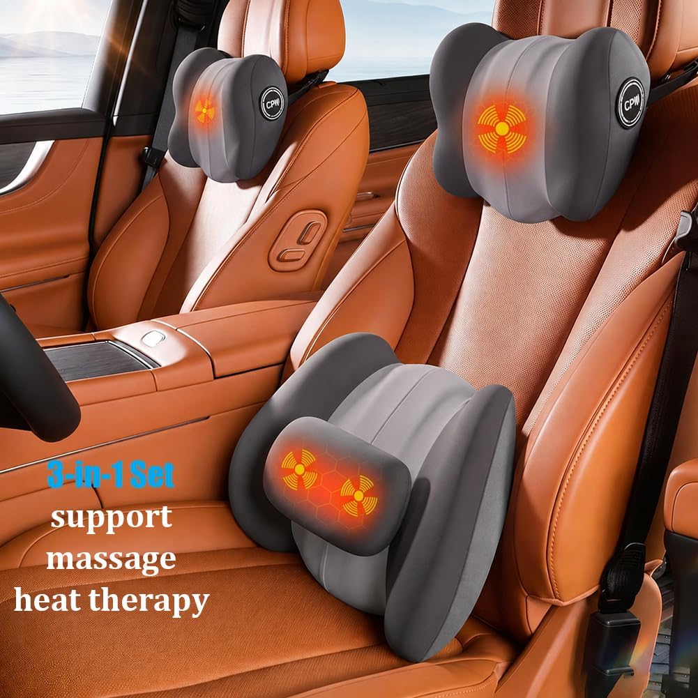Headrest Pillow with Heat and Vibration Massage for Car Seats Office Chairs