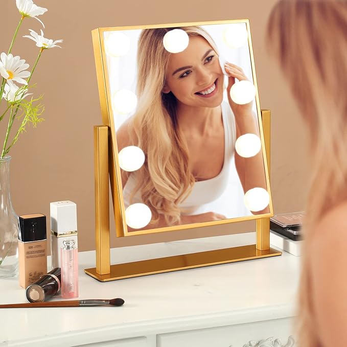 Vanity Mirror with Lights, Hollywood Mirror Lighted Makeup Mirror with 9 LED Bulbs, Touch Control Design 3 Colors Dimmable Bulbs Detachable 10X Magnification 360°Rotation(Gold)