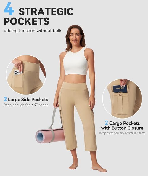 Casei Women's Yoga Capris - High Waisted Cargo Pants with Pockets | Casual Cropped Workout Trousers