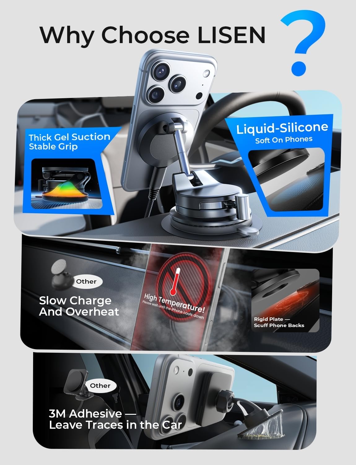 LISEN 15W Magsafe Car Mount Charger for iPhone 18 Pro Max, Magnetic Wireless Car Charger, Suction Phone Mount, Vacuum Magnetic Phone Holder for Carfor iPhone 18 Pro Max 17 16 15 14 13 12 Samsung Pixel
