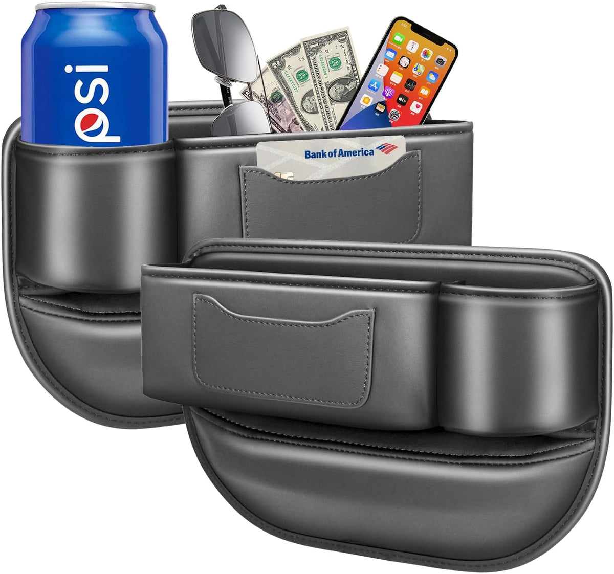 Car Seat Gap Filler & Organizer，2 Pack Black Car Leather Cup Holder Gap Bag,Men Car Interior Accessories，Seat Gap Storage Box for Storage Sunglasses、Phone、Key