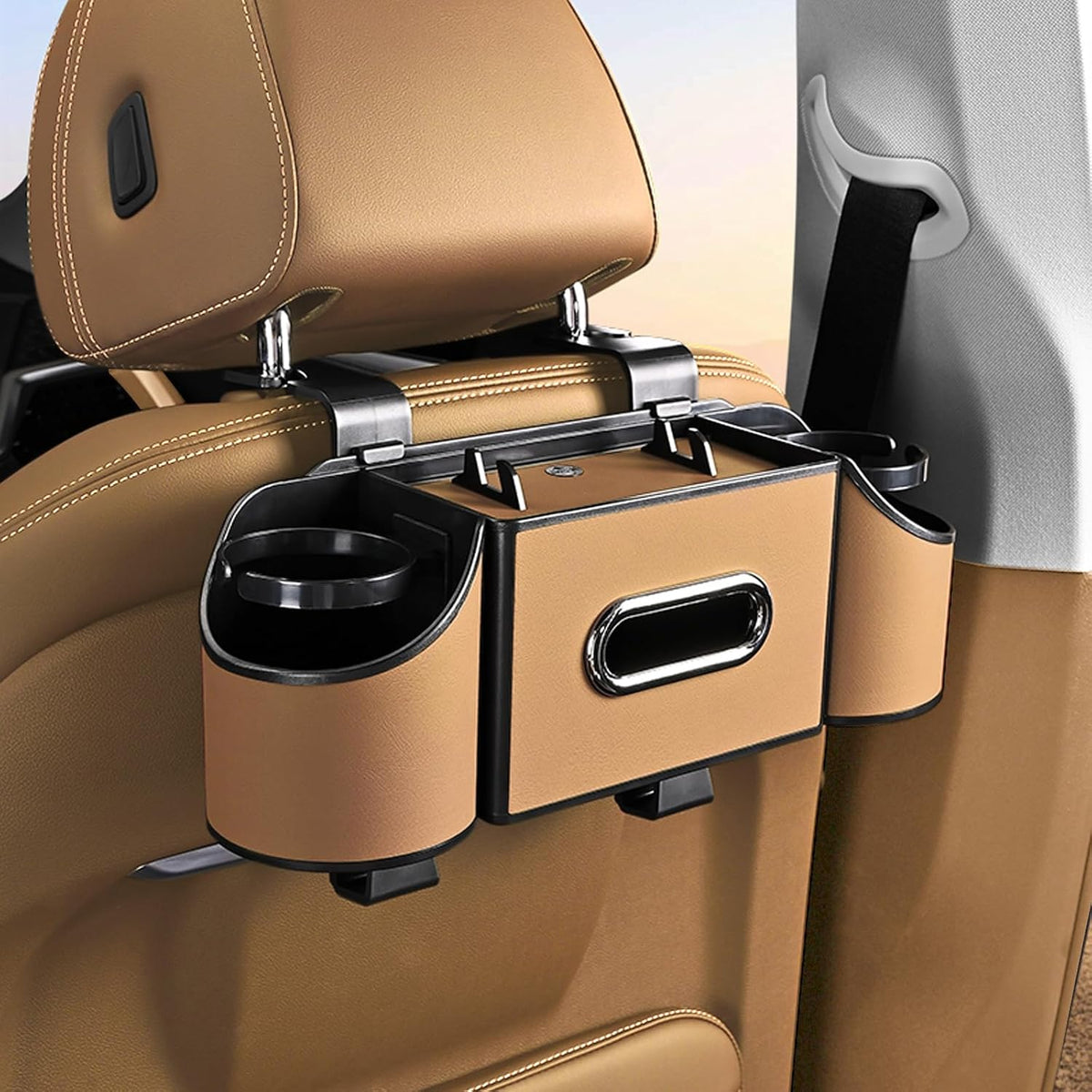 Back Seat Car Organizer,4 in 1 Multifunctional Car Back Seat Storage Box with Drink Cup Holder Tissue Box, for Hold Phone,Snacks, Drinks, Handbag