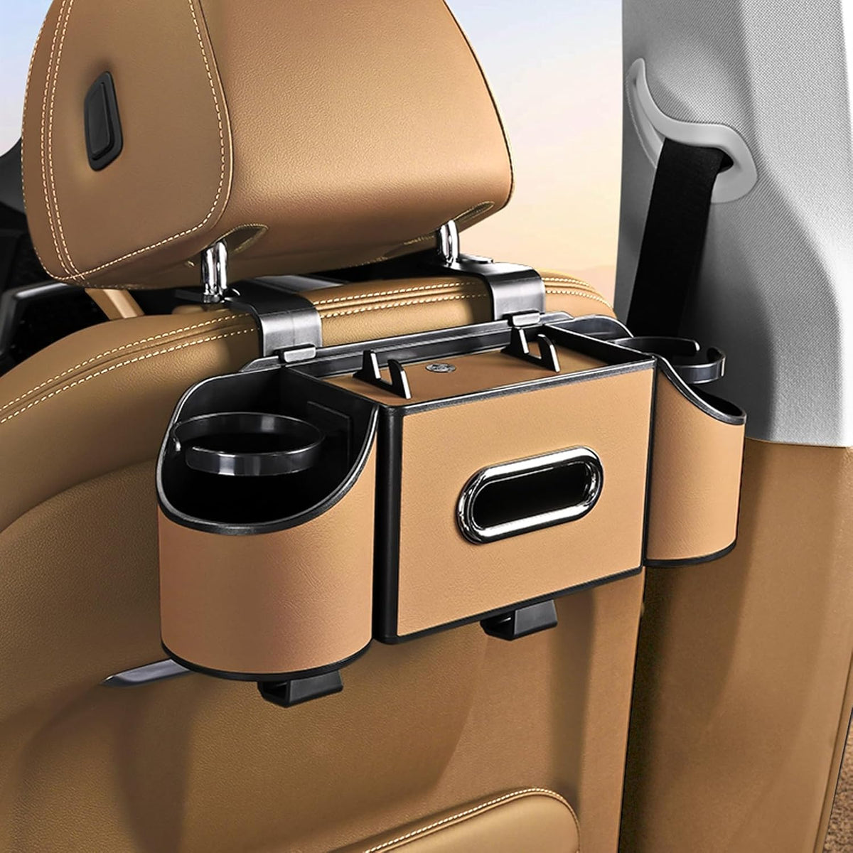 Back Seat Car Organizer,4 in 1 Multifunctional Car Back Seat Storage Box with Drink Cup Holder Tissue Box, for Hold Phone,Snacks, Drinks, Handbag-Orange