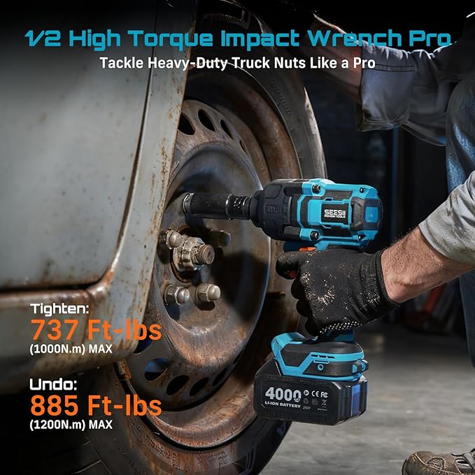 Seesii Impact Wrench 886 Ft-lbs(1200N.m), 1/2 High Torque Impact Gun with 21V 4000mAh Battery, Electric Impact Driver, 2900IPM, 5 Socket, Cordless Impact Wrench for Home Car/Mower/Pickup/Truck RV