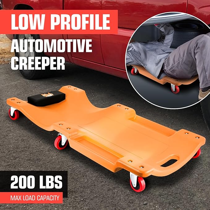 PM PERFORMOTOR 36" L X 17" W x 4.25" H Vehicle Repair Low Profile Automotive Creeper w/Padded Headrest, Orange, PM-TOL-CPC36-OG