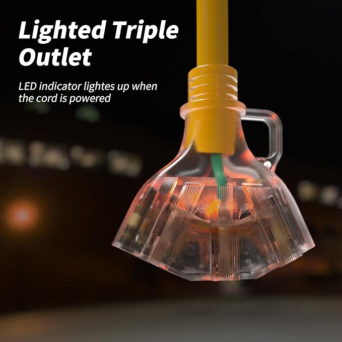 PlugSaf 50 FT 12/3 Gauge Outdoor Extension Cord with Multiple Outlets Light Indicator, Flexible 3 Outlet Weatherproof Heavy Duty Extension Cord Waterproof Yellow, 15A 1875W 12AWG SJTW, ETL Listed