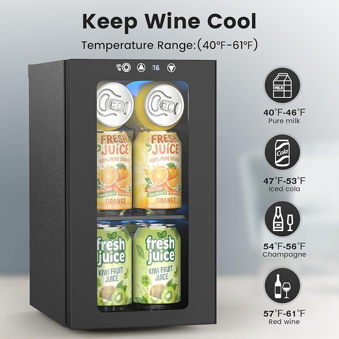 Electactic 10L Mini Beverage Refrigerator, 12-Can Capacity, 40-61°F | Compact 10L beverage fridge holds up to 12 cans, with a 40-61°F range, digital display, LED light, and glass door.