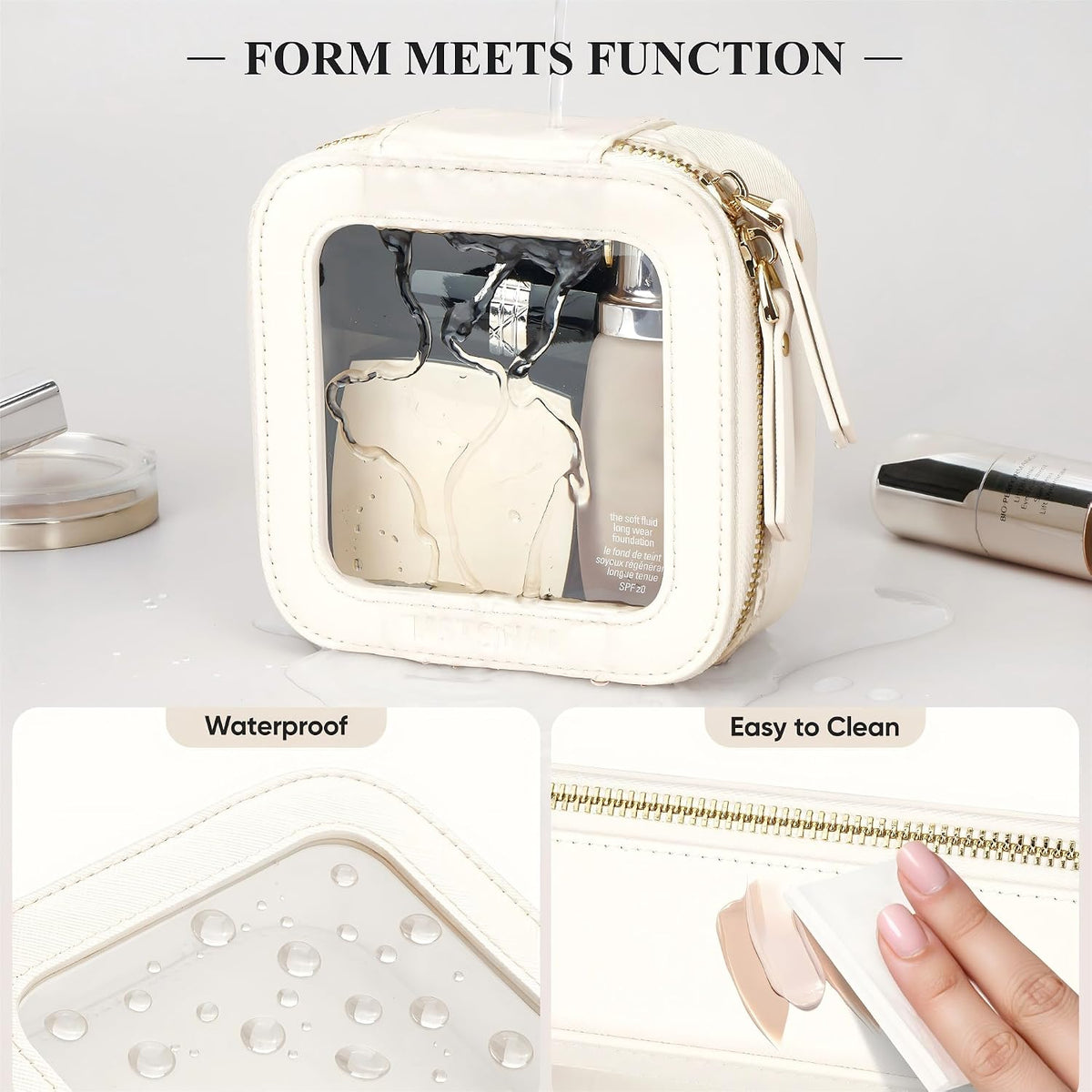 Small Clear Makeup Bag for Purse, Travel Cosmetic Case, Ivory, Mini