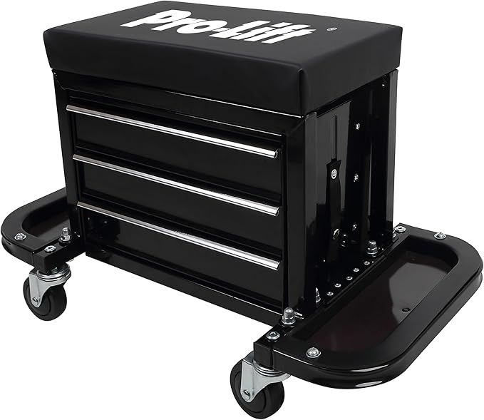 Pro-Lift Mechanic Roller Seat with Tool Box - 3-Drawer Rolling Tool Chest Stool with Padded Seat Cushion for Garage Creeper – 400 Lbs Capacity