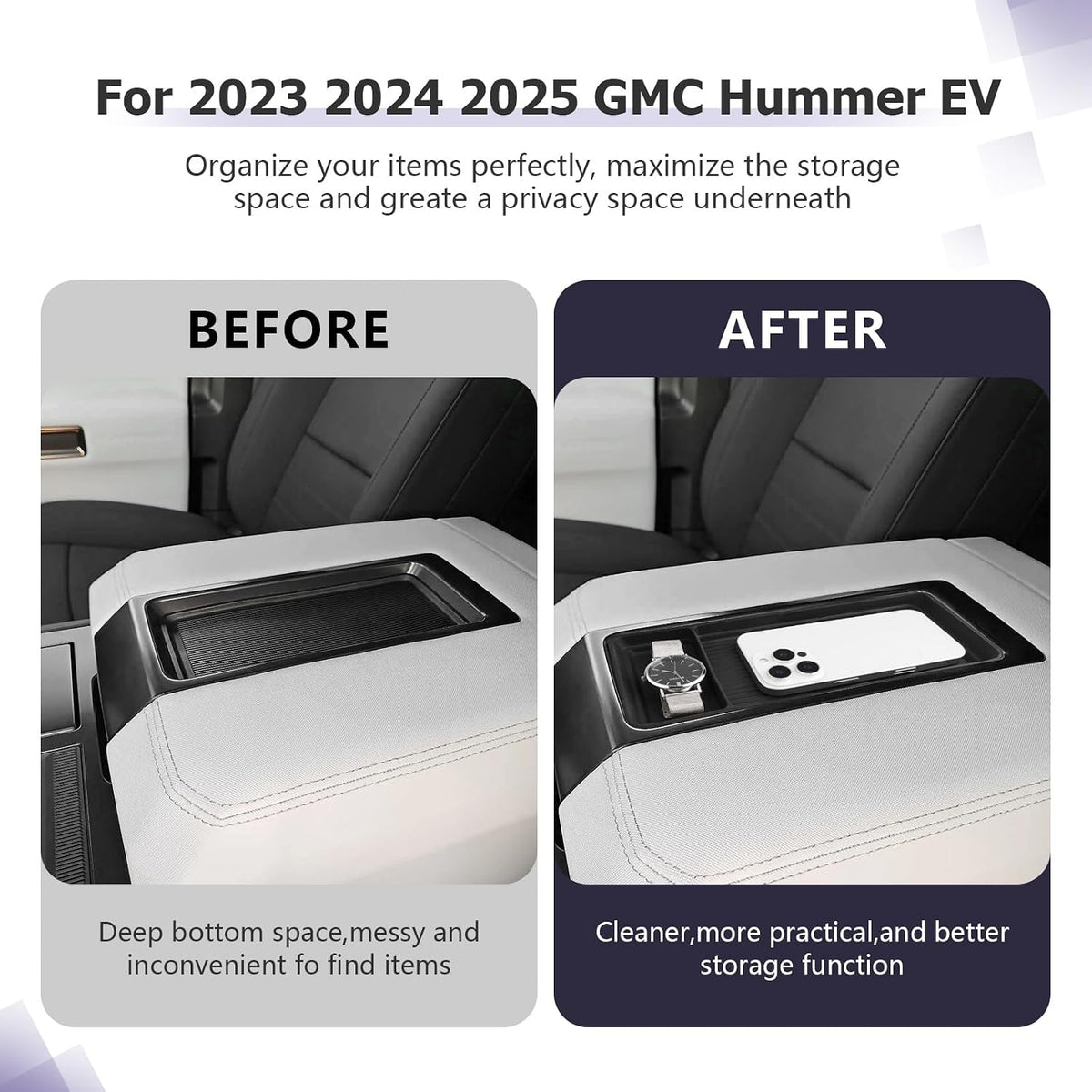 LUWU Center Console Organizer Compatible with 2023 2024 2025 2026 GMC Hummer EV SUV Accessories 2025 2026 Hummer EV Pickup Armrest Console Organizer Armrest Storage Tray