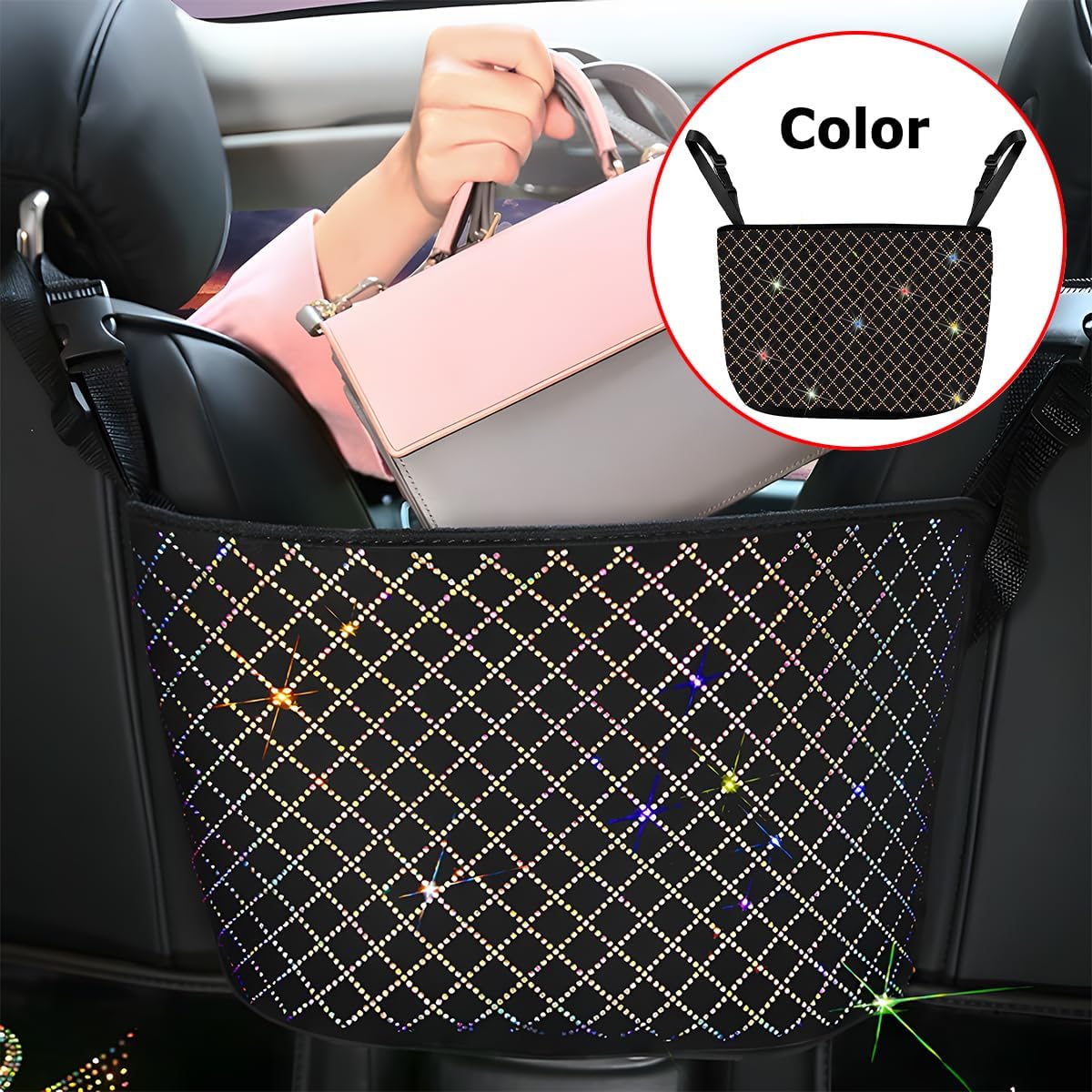 zipelo Bling Car Net Pocket Handbag Holder, Rhinestone Vehicle Backseat Purse Organizer Between Seats, Diamond Hanging Storage Bag Barrier of Pet Kids, Universal Automotive Accessories (Multicolor)