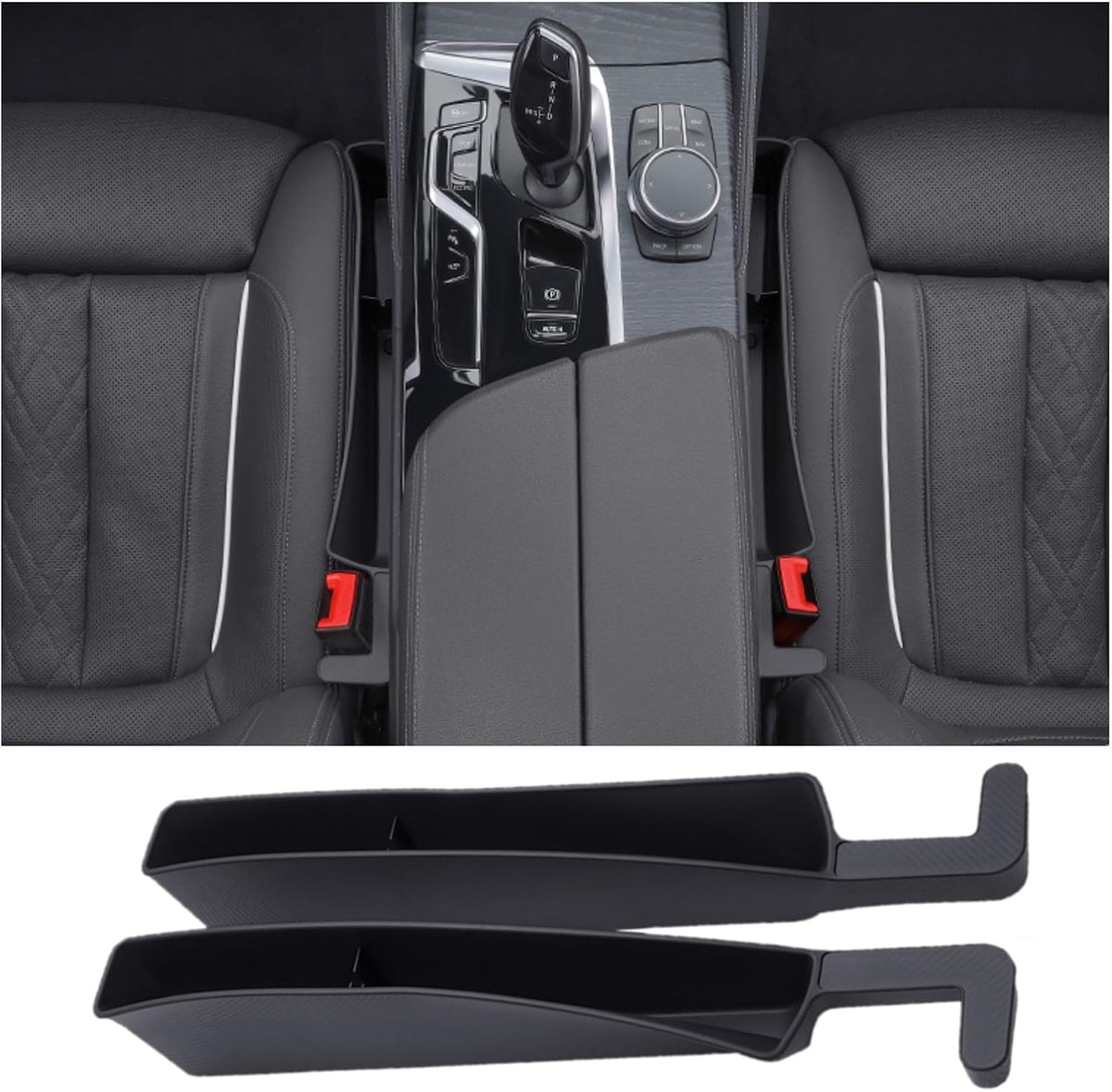 Car Seat Gap Filler Organizer, Auto Side Seat Gap Storage Box for Your Cars, Trucks 2 Pack, Universal Car Accessories Gap Filler Organizer to Fill the Gap Space Between the Console and Seats, Black