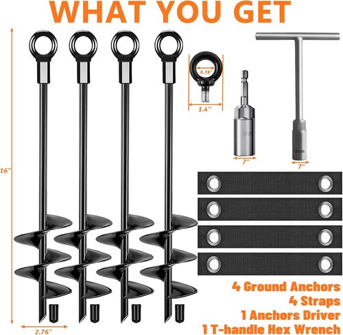 Fabulas Ground Anchors - Heavy-Duty 16-Inch Trampoline Stakes for High Winds | 4-Pack Tie Down Kit
