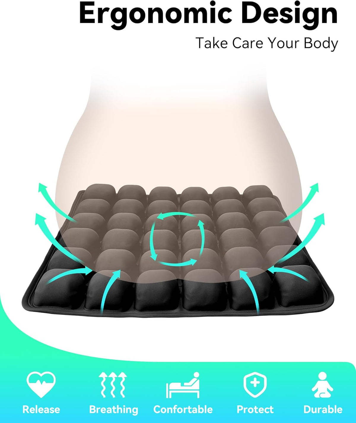 Inflatable 3D Travel Cushion for Airplane, Tailbone Pain Relief Seat Pad with Ergonomic Support, Anti-Slip Bottom, Built-in Pump & Carry Bag for Travel/Office/Car – 36 Air Cells, Purple