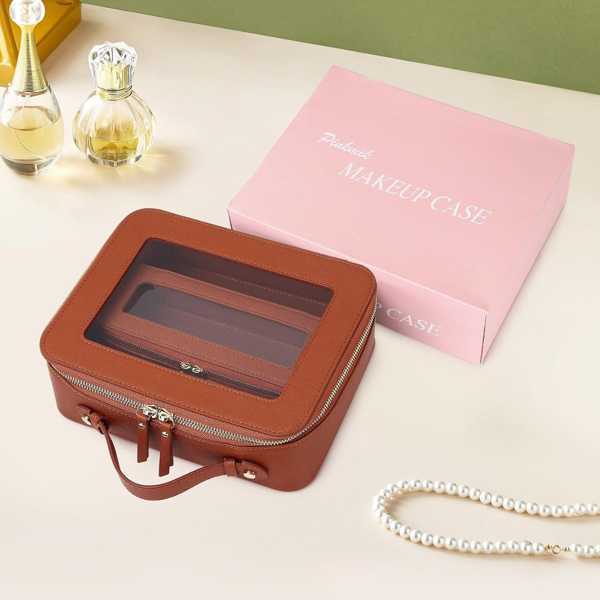 Pinkmik Clear Makeup Bag with Brush Bag, (Brown, L+SLIM)