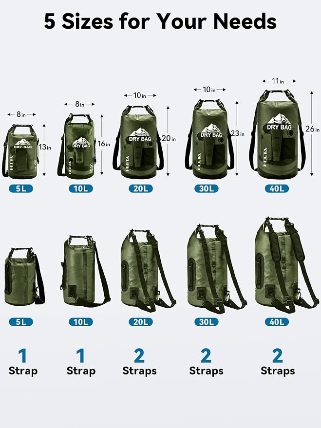 HEETA Dry Bag Waterproof for Women Men, 5L/10L/20L/30L/40L Roll Top Lightweight