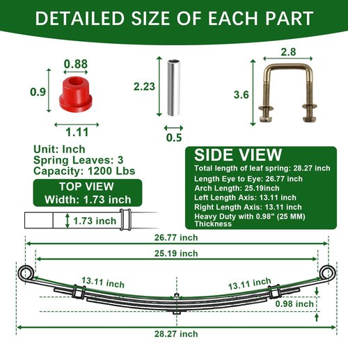Cartalia Upgraded Heavy Duty Rear 3-Leaf Springs Kit for EZGO TXT/Medalist Electric 1994-2013 and Gas 1996-2008 Golf Cart Suspension with Bushings Sleeves & U-Bolts Replace OEM 74207-G01 Load Capacity