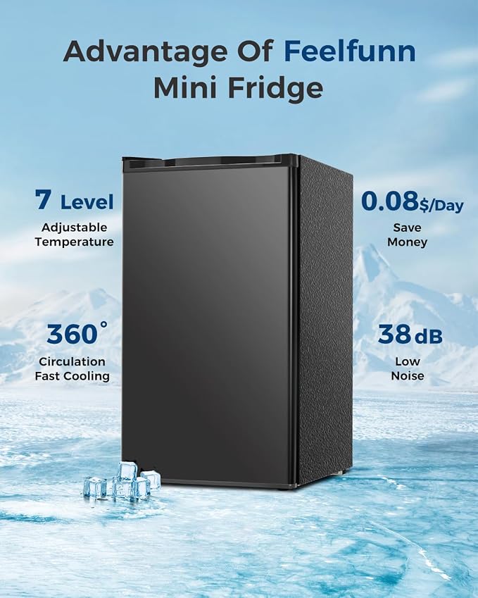 Feelfunn Mini Fridge with Freezer - 3.2 Cu.Ft Single Door Mini Refrigerator with Adjustable Thermostat, Small Fridge for Bedroom, Apartment, Dorm - Black