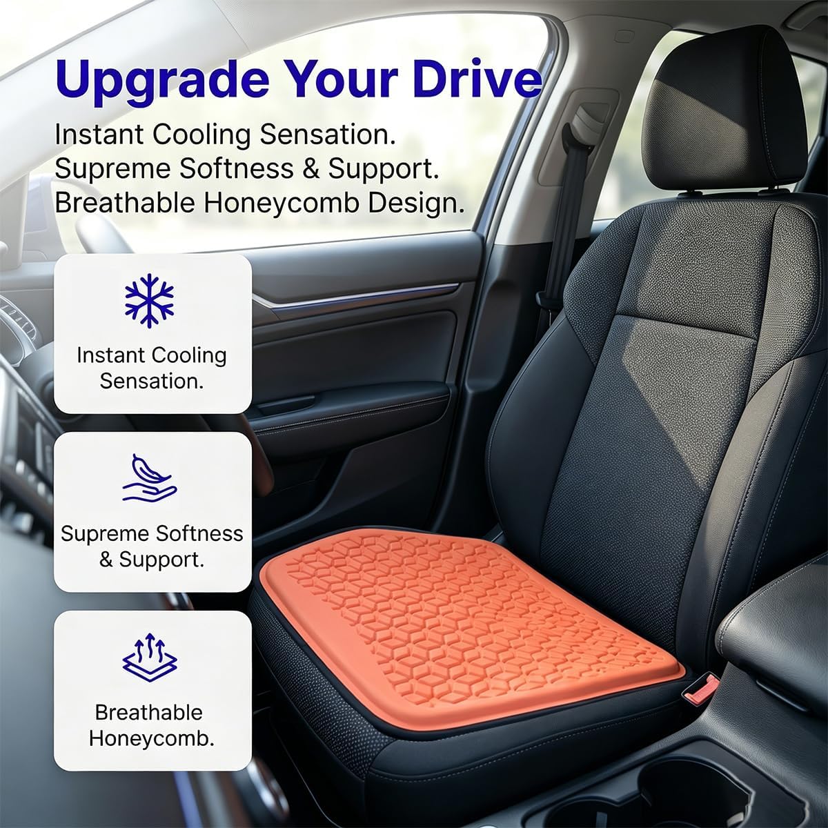 Zpana Gel Car Seat Cushion, Non-Slip & Comfortable Automotive Chair Protector Pad for Driving, Breathable Vehicle Interior Mat Cover Accessories, Universal Fit (Orange)