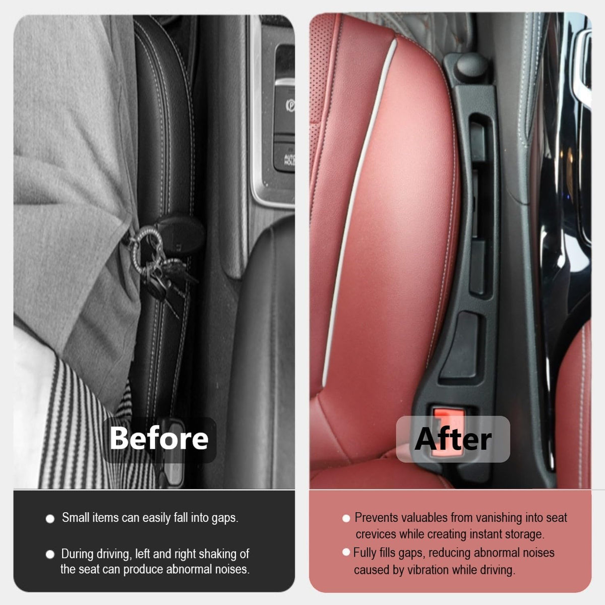 Carseat Gap Filler Organizer 2 Pack, 6 in 1 Car Side Seat Gap Plug Strip with Storage Slot, Window Breaker and Hook, Automotive Seat Catcher or Spacer Interior Accessories Between Seats & Console