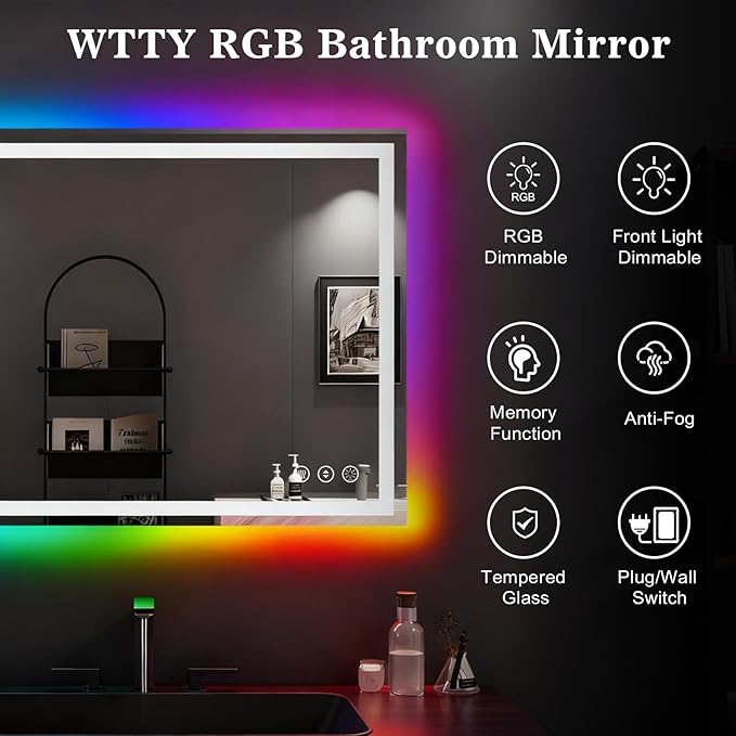 WTTY LED Bathroom Mirror 40"x30" with RGB Backlit and Front Light,Stepless Dimmable LED Mirror for Bathroom,Lighted Bathroom Vanity Mirror,Anti-Fog,Memory Function,Shatter-Proof,Wall Mounted