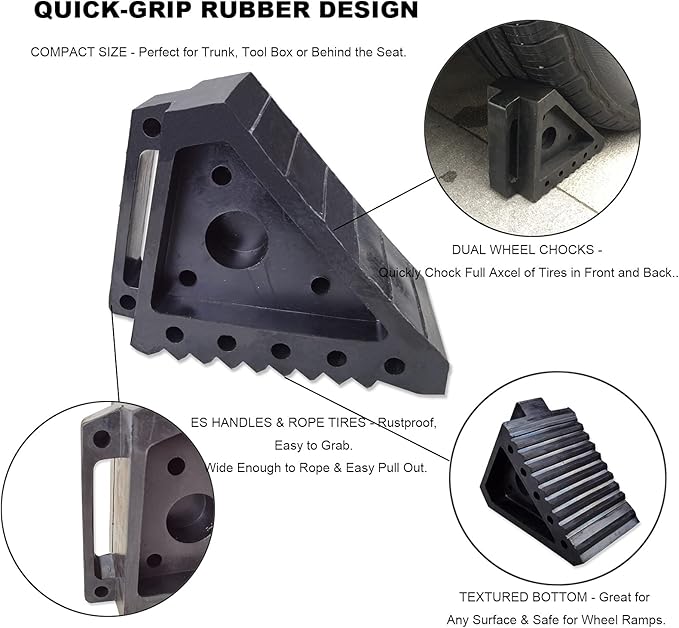 HOXWELL Solid Heavy Duty Rubber Wheel Chocks 2 Packs, Premium Chock for Car, Travel Trailers, RV, Truck, and ATV(2 pcs, Black) 8" x 4" x 6"
