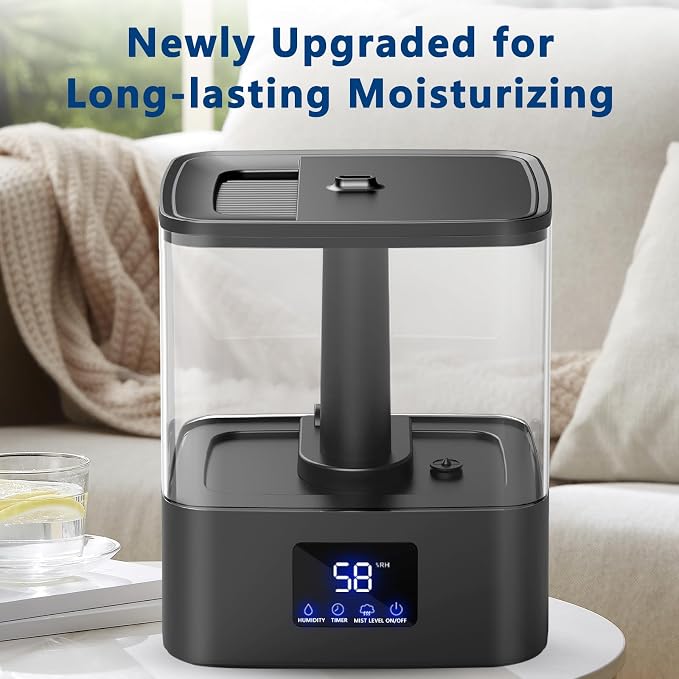 KZF 4L Top Fill Humidifiers for Bedroom & 60H Runtime - Cool Mist Humidifier, 3 Mist Levels, 8H Timer, Essential Oil Tray, Humidity Display, Quiet for Bedroom, Baby, Plants, Large Room (Black, 4L)