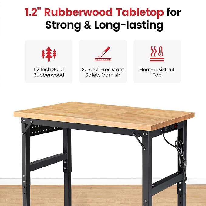 ENJOYWOOD 48" x 20" Heavy Duty Workbench with Wheels, Adjustable Height Garage Work Table with Solid Rubberwood Top, Pegboard & Power Outlets for Workshop, Home & Office