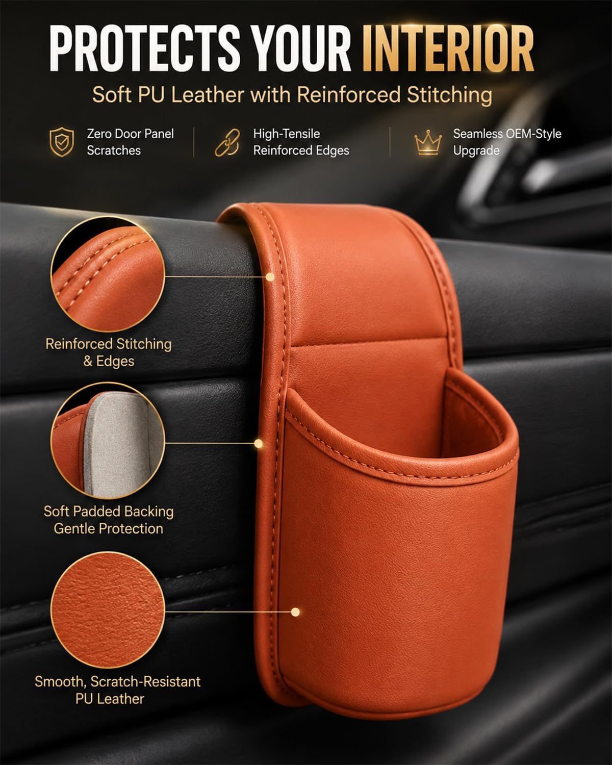 Leather Car Door Cup Holder Clip on Extra Large Drink Organizer 2 Pack